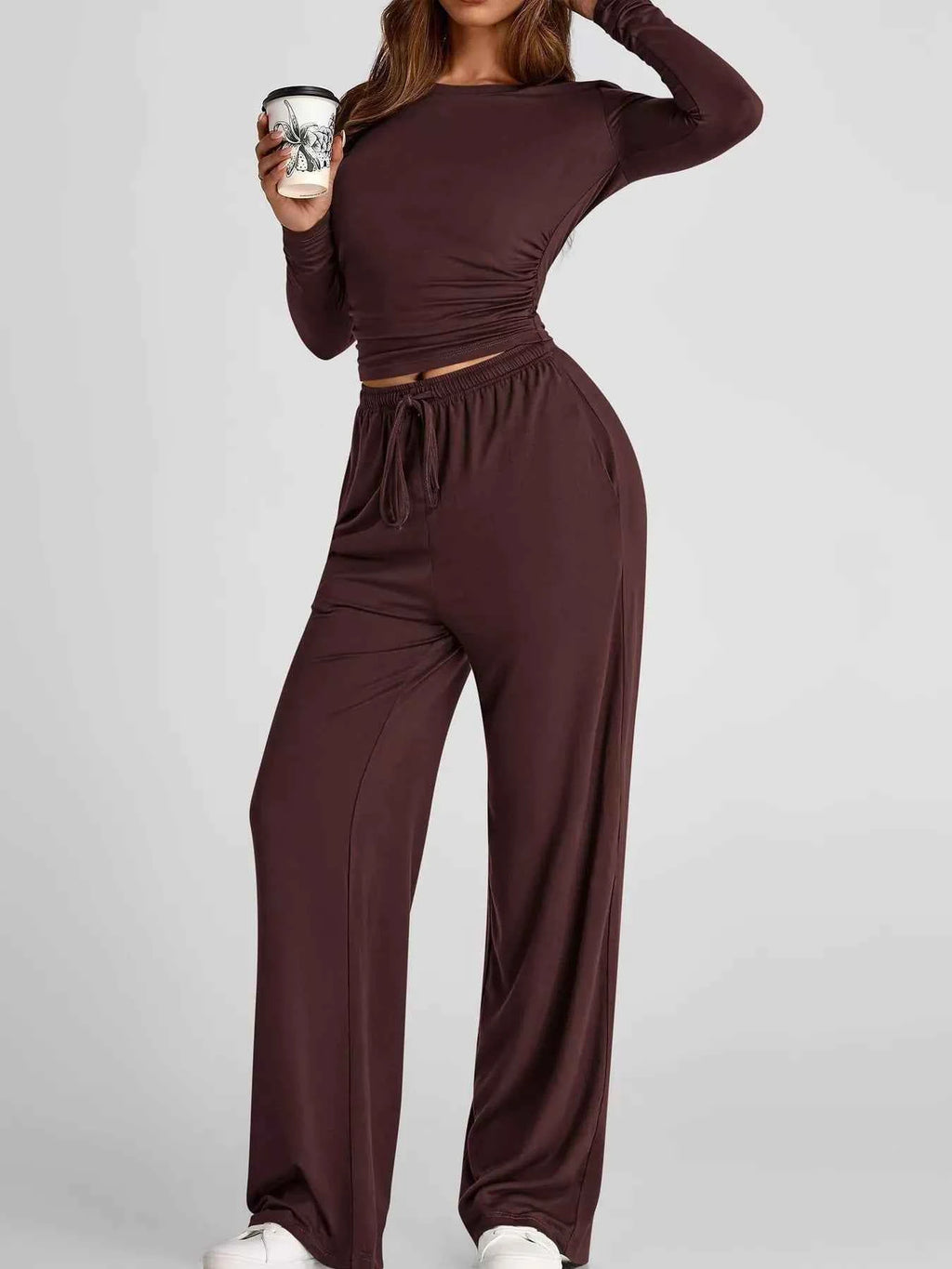Full Size Casual Long Sleeve Top and Pants Set Plus Size