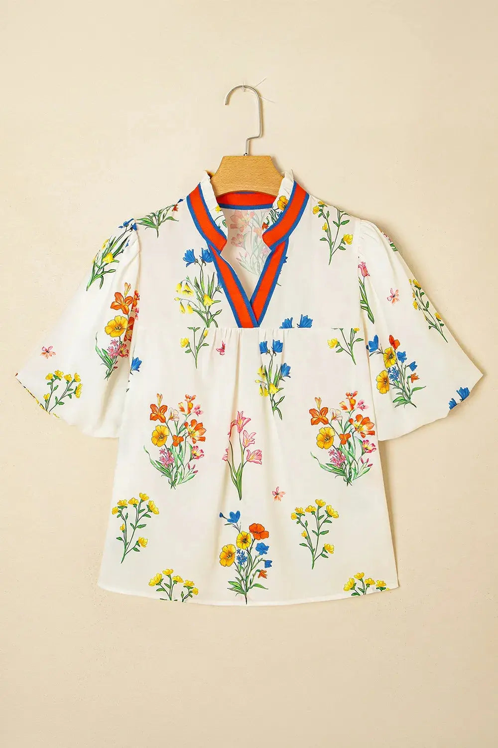 Floral Short Puff Sleeve Notched Blouse.