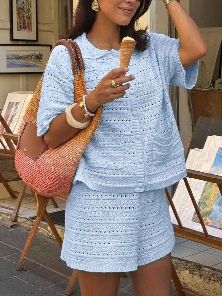 Short-sleeved Solid-color Knitted Cardigan And Shorts 2-piece Set
