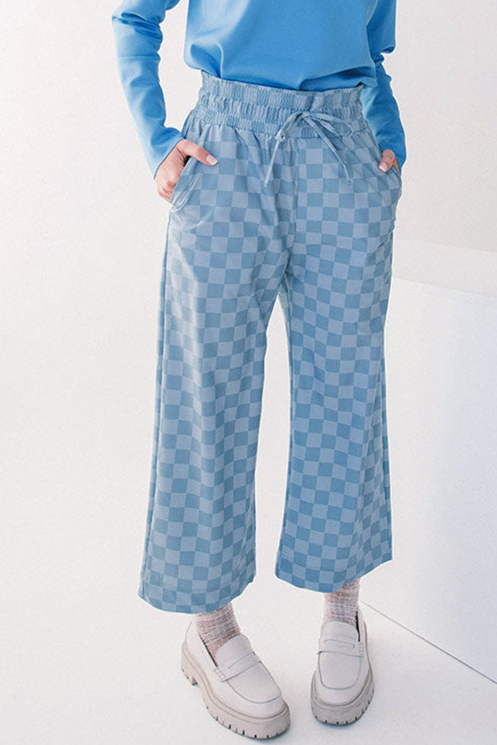 Sky Blue Checkered Elastic High Waist Loose Casual Pants Dear-Lover Dropshipping