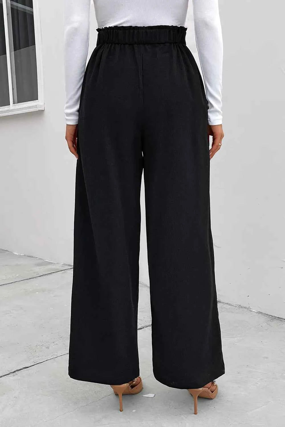 Perfee High Waist Ruched Pocketed Wide Leg Pants