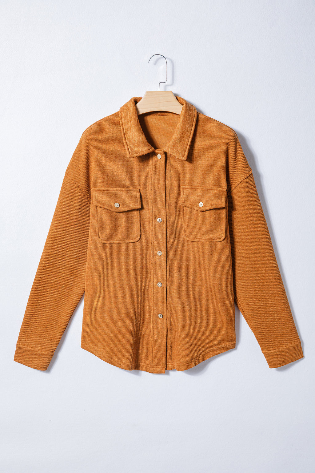 Russet Orange Flap Pocket Textured Knit Solid Color Casual Shacket Dear-Lover Dropshipping