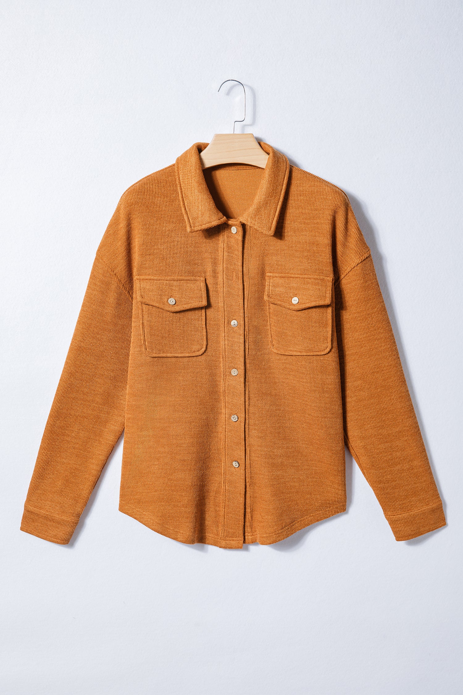 Russet Orange Flap Pocket Textured Knit Solid Color Casual Shacket Dear-Lover Dropshipping