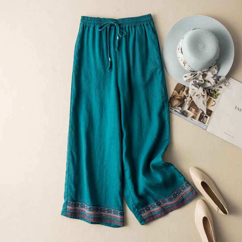 Draping Cotton And Linen Embroidered Wide-leg Pants