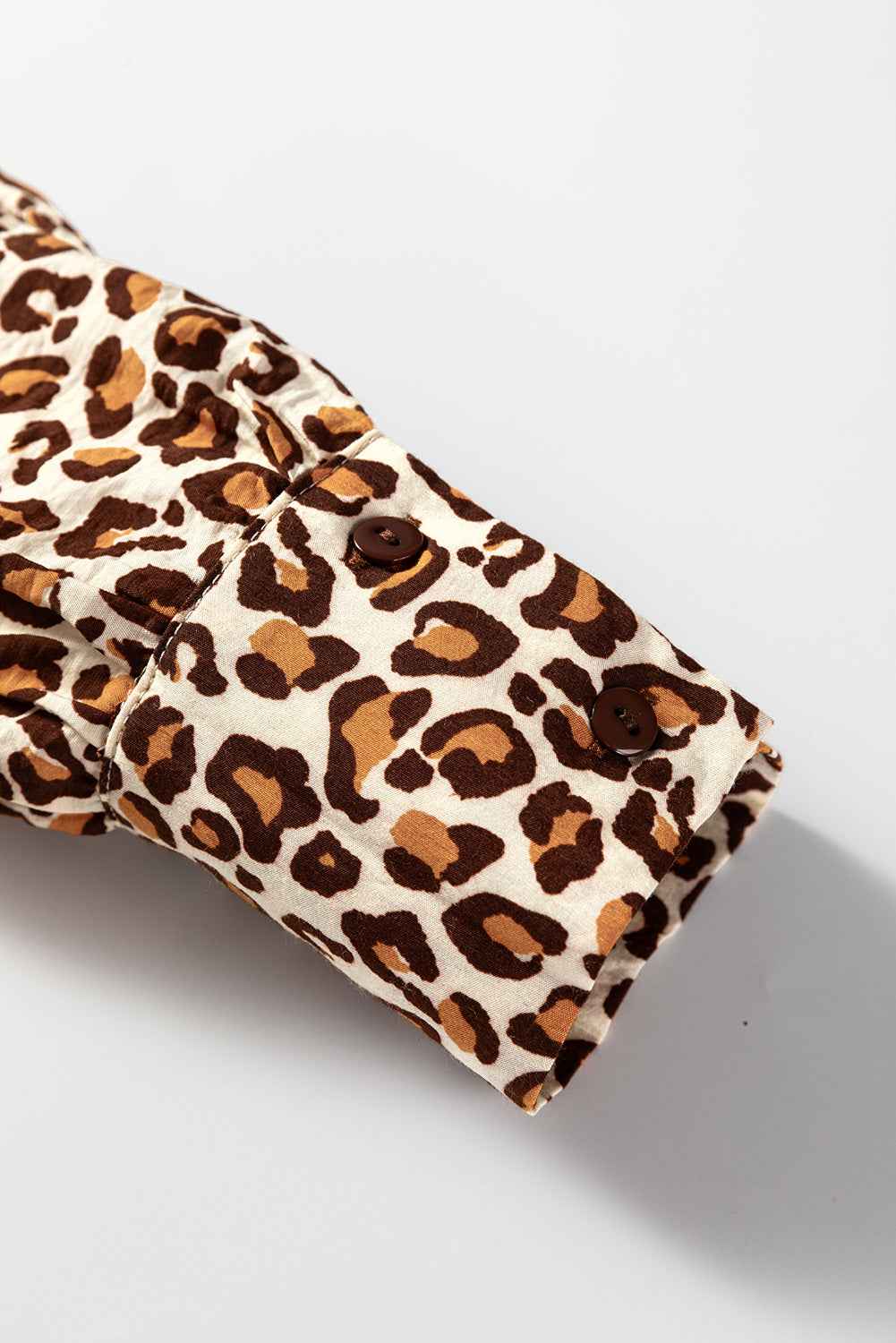 Brown Leopard Print Contrast Frilled Trim Button Down V Neck Shirt