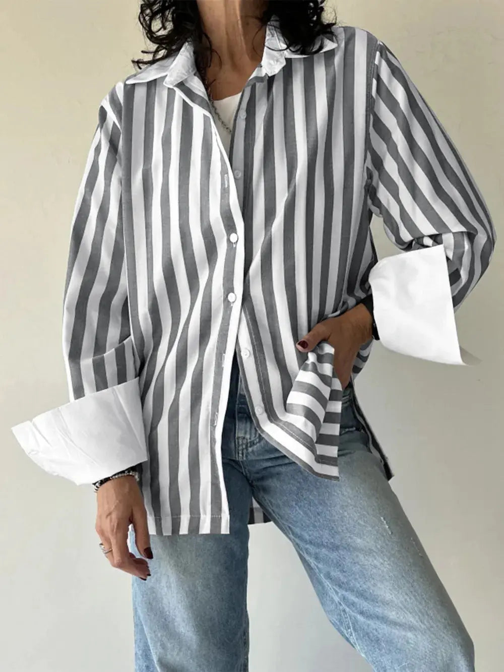 Striped Collared Neck Long Sleeve Shirt.