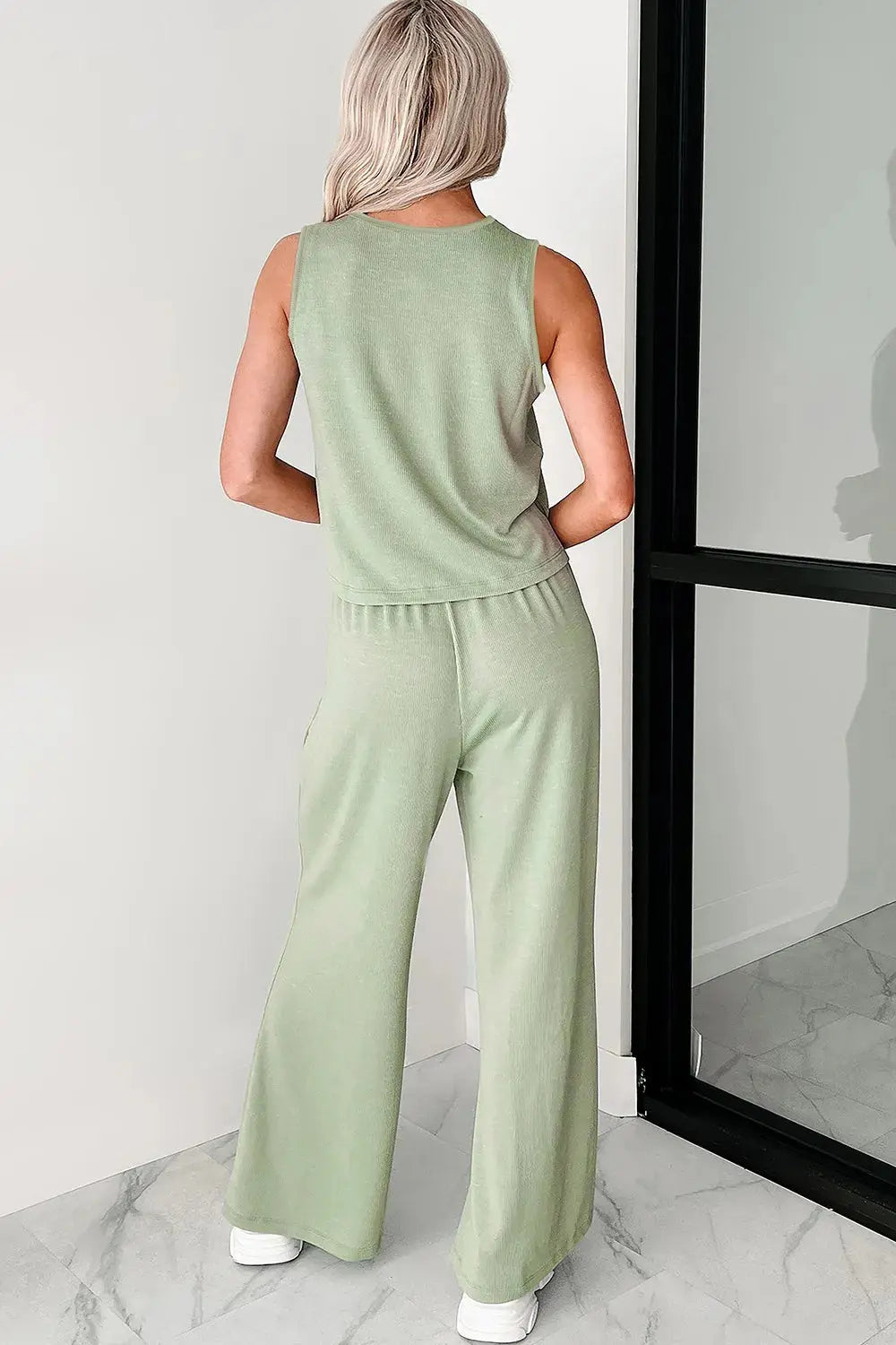 Round Neck Tank Top and High Waist Pants Set.