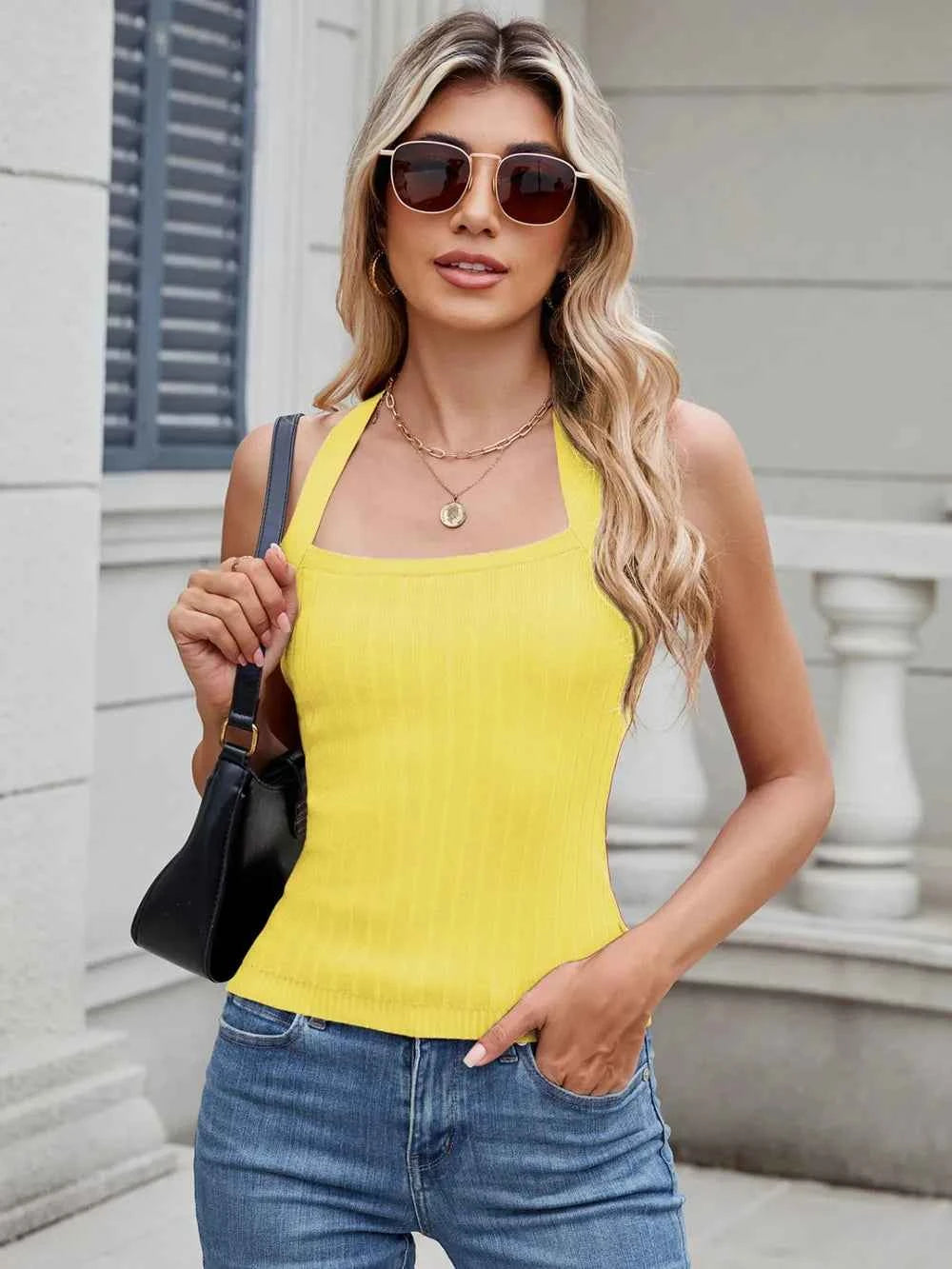 Solid Color Halter Neck Knit Cami.