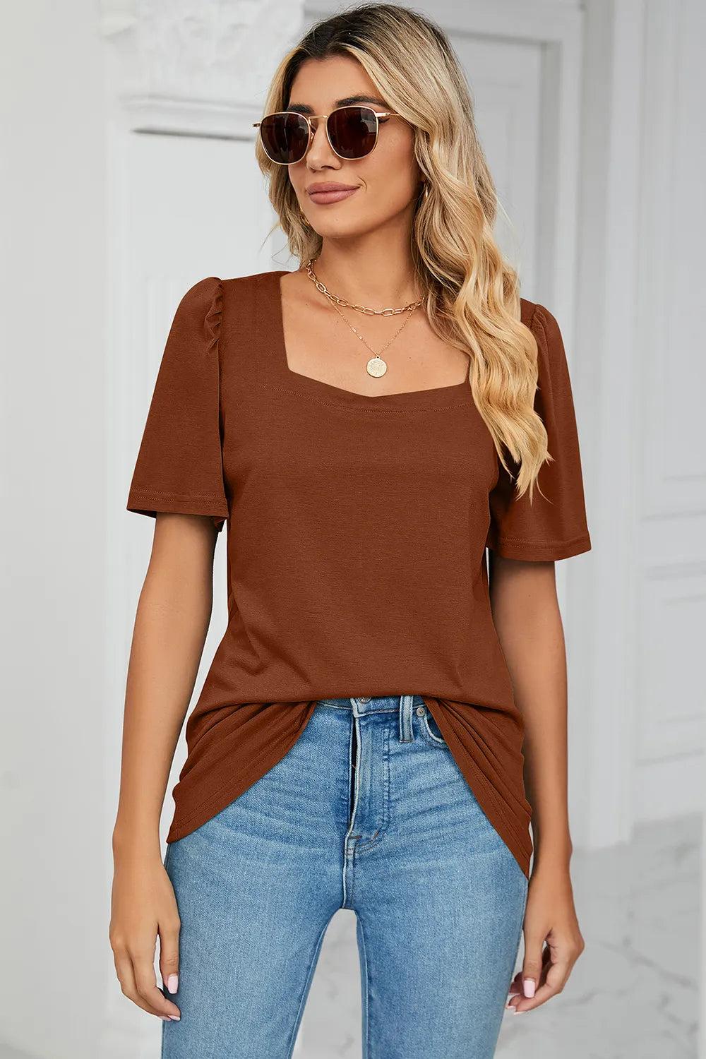 Square Neck Short Sleeve women T-Shirt.