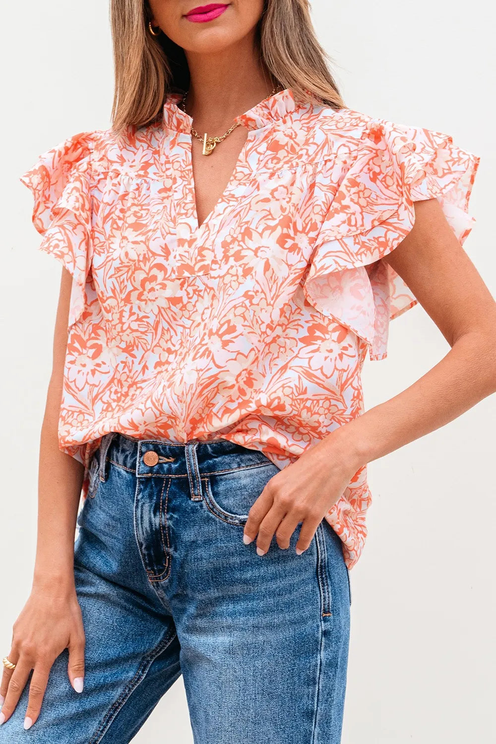 Floral Ruffle Sleeve Split Neck Blouse.