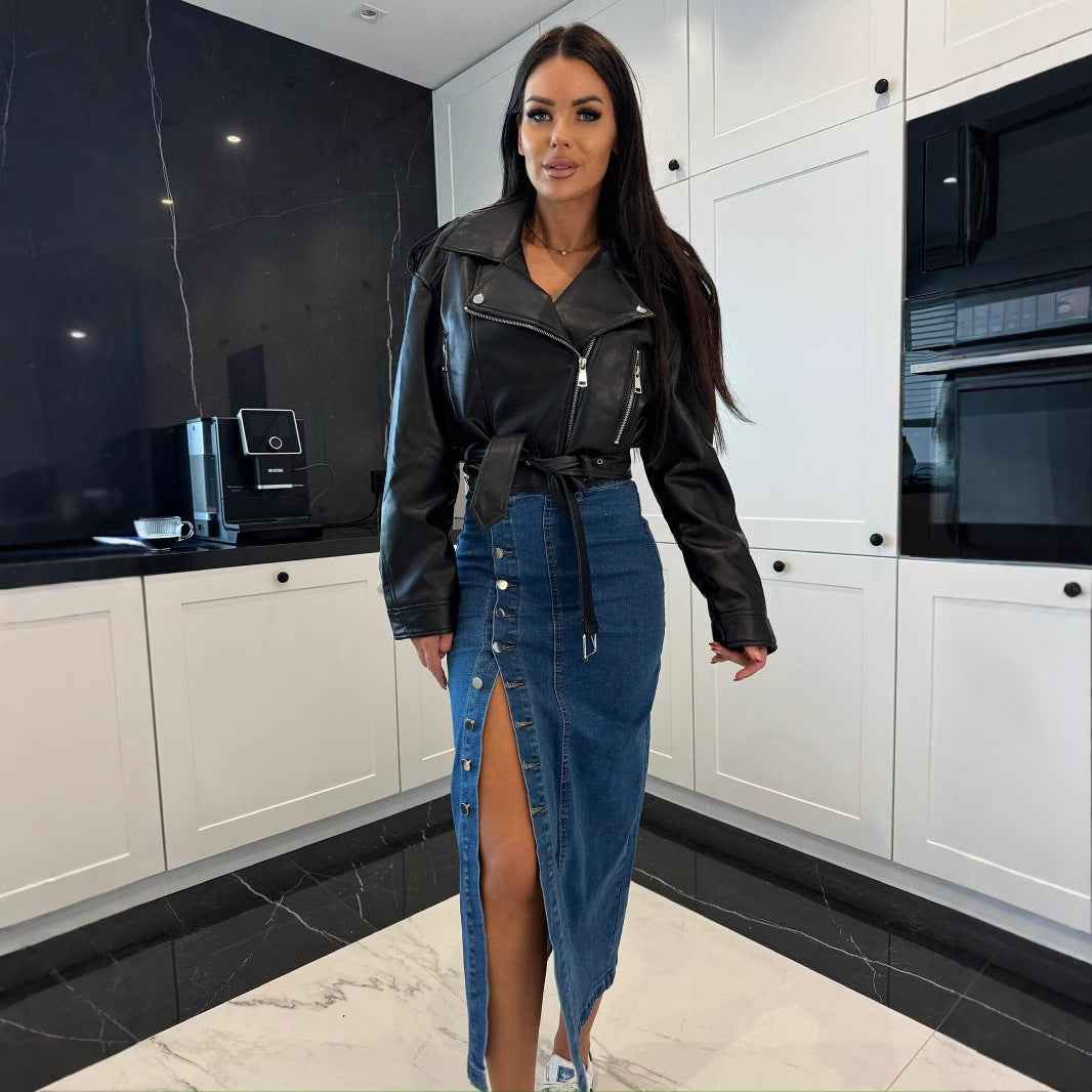 Women's Solid Color Button Irregular Slit Denim Skirt