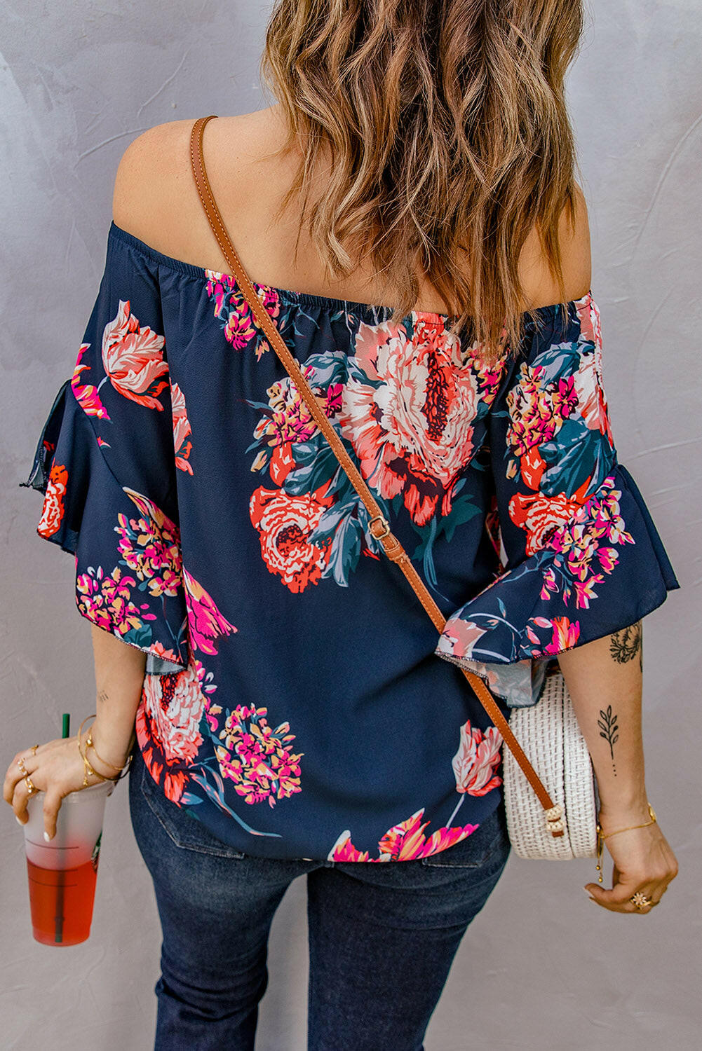 Printed Off-Shoulder Flounce Sleeve Top.