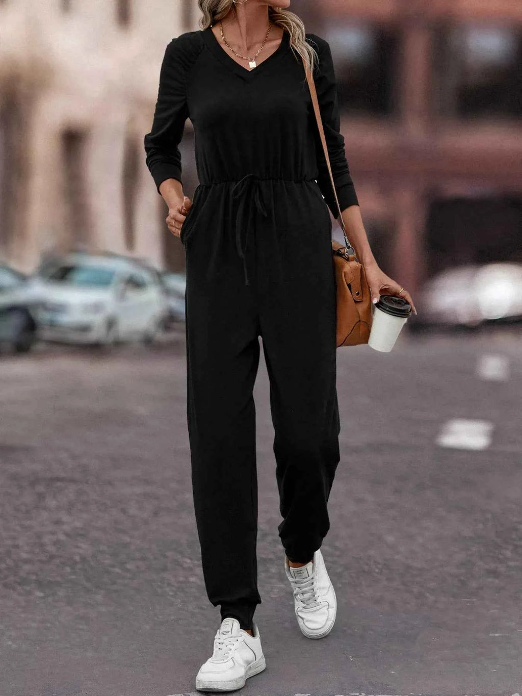 Casual Long Sleeve Drawstring Waist Jumpsuit