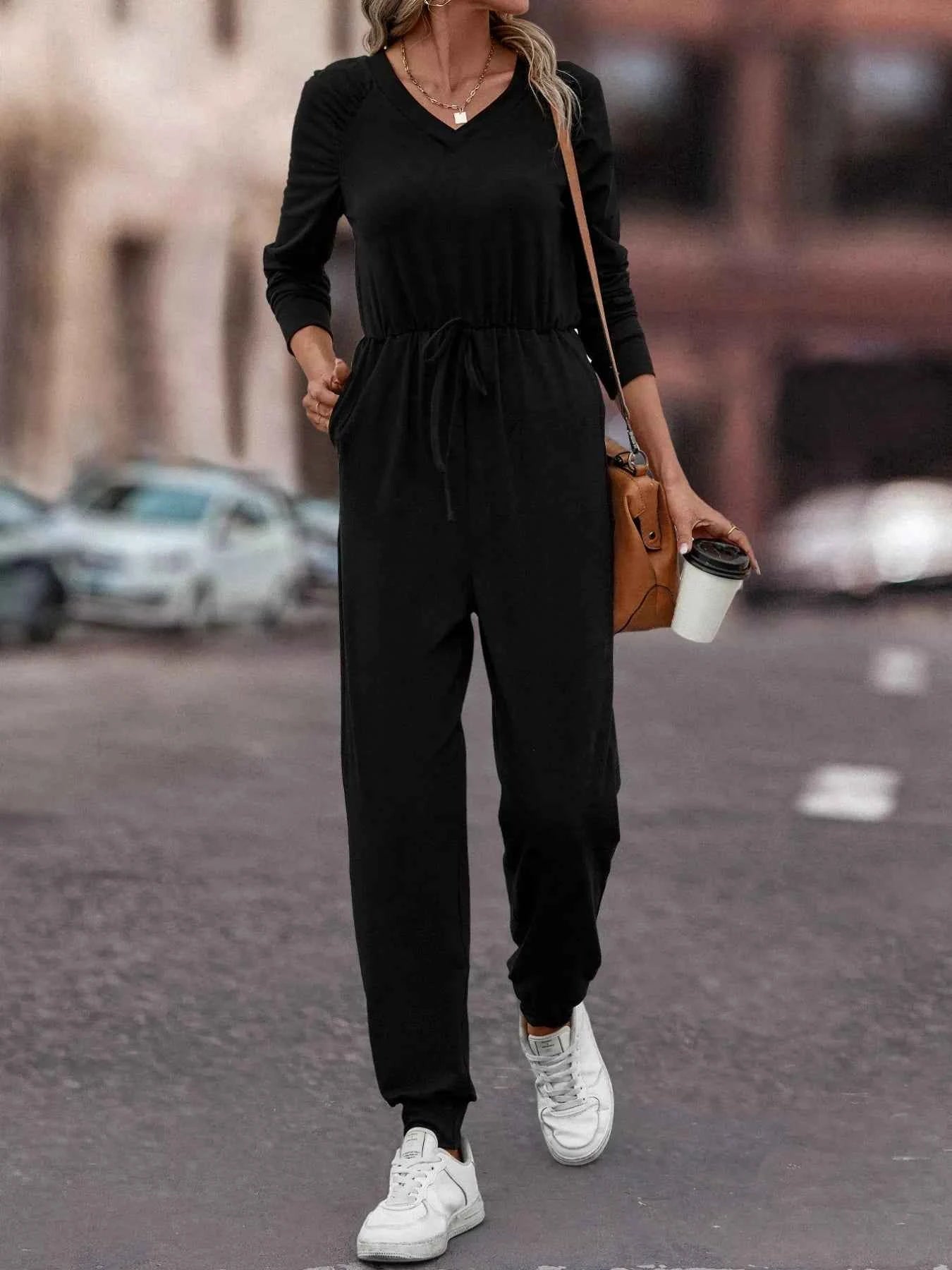 Casual Long Sleeve Drawstring Waist Jumpsuit