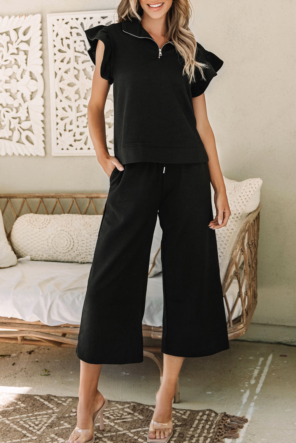 Black Textured Flutter Sleeve Top Wide Leg Pants Set Dear-Lover Dropshipping