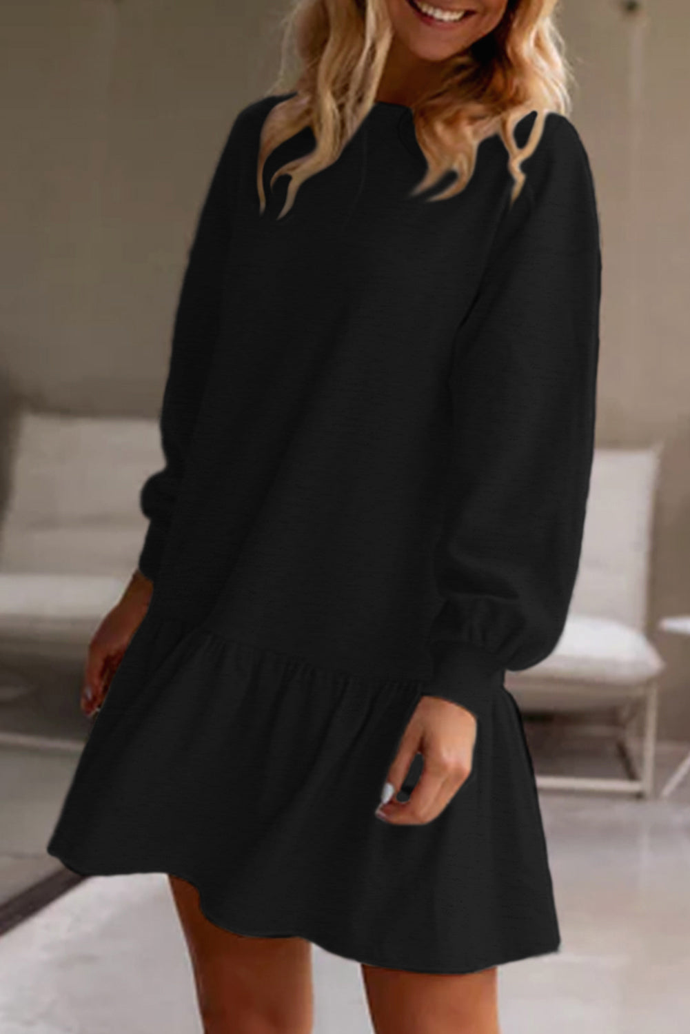Black Solid Color Puff Sleeve Ruffle Hem Mini Dress Dear-Lover Dropshipping