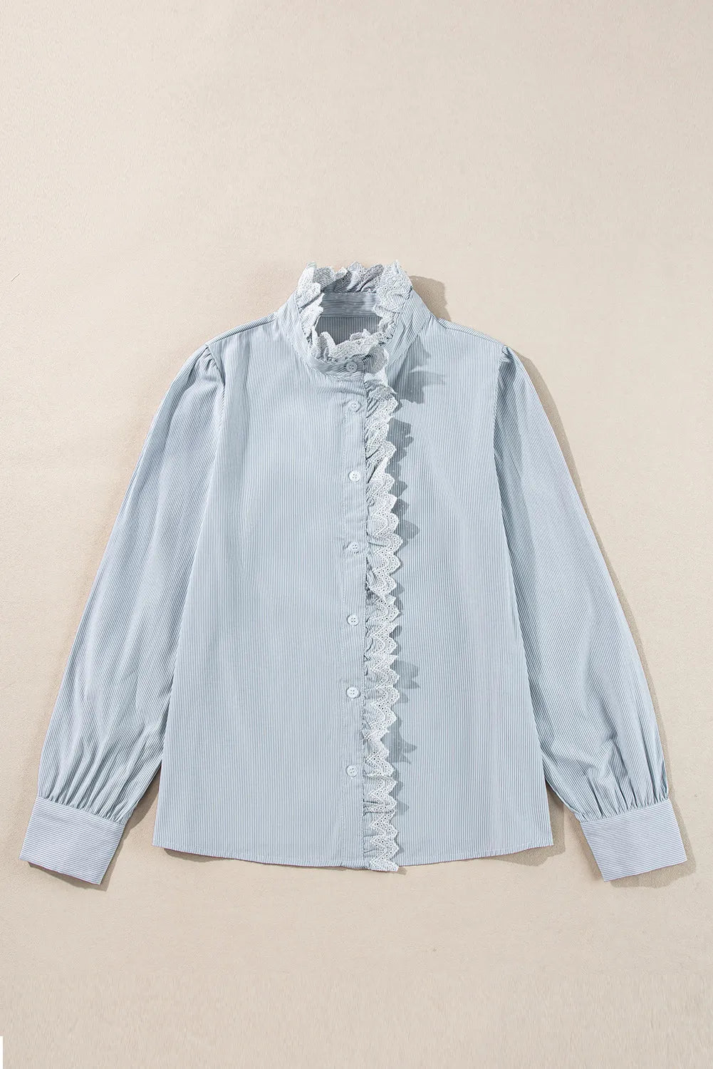 Lace Detail Striped Mock Neck Long Sleeve Shirt.