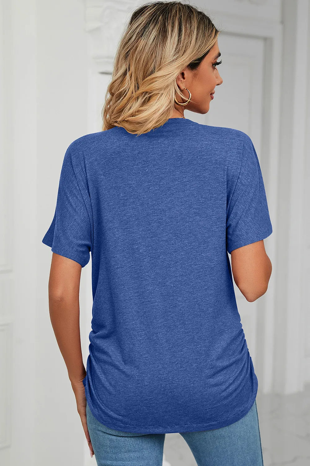 Ruched V-Neck Short Sleeve T-Shirt.