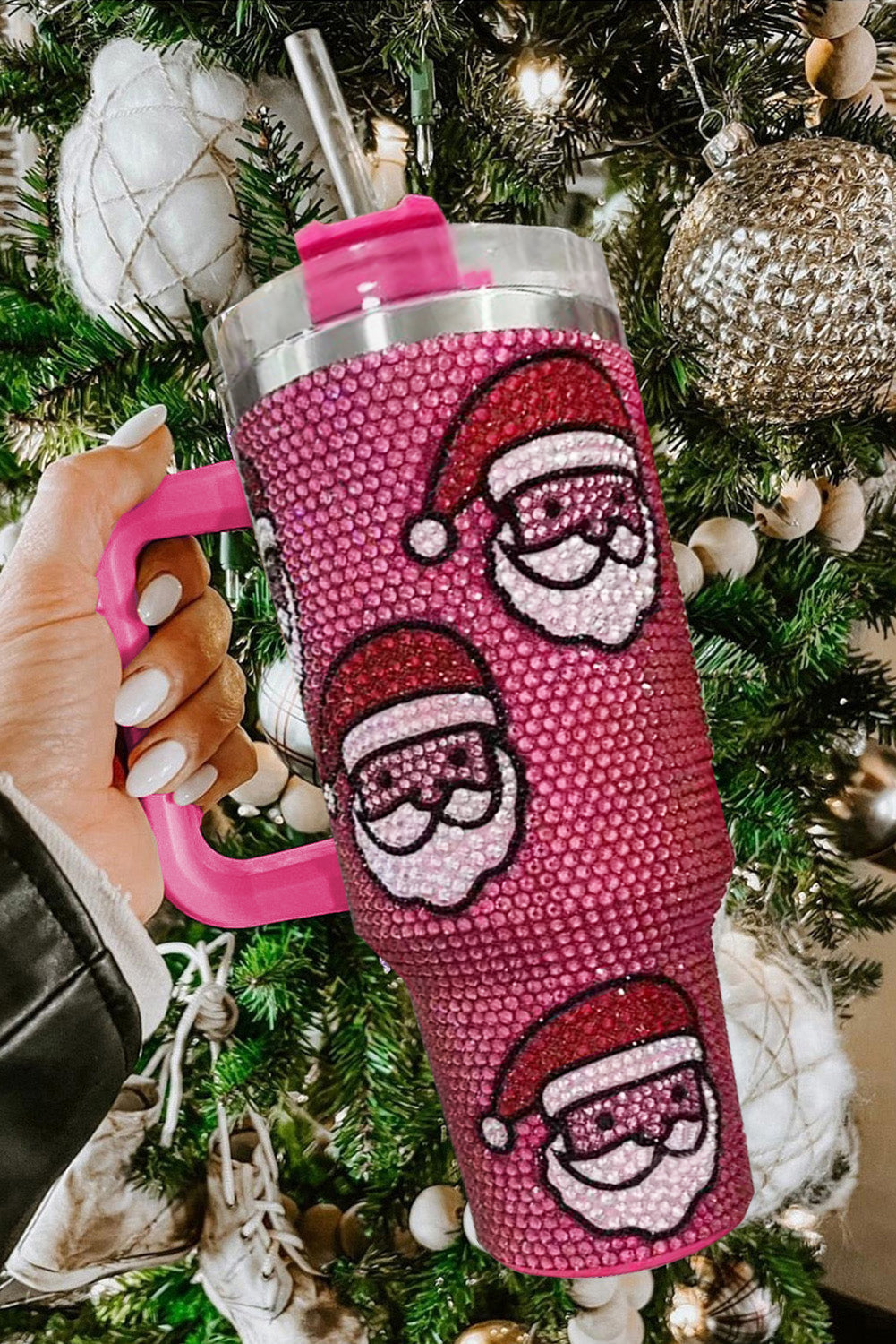 Rose Red Christmas Santa Claus Diamond Thermos Cup with Straw 40oz Dear-Lover Dropshipping