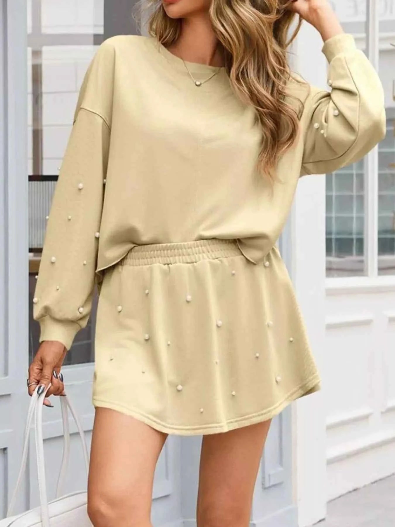 Pearl Embellished Round Neck Top and Skort Set