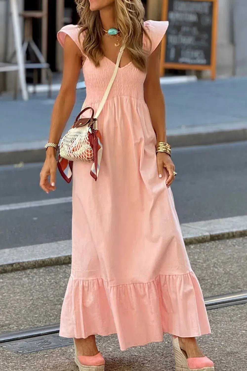 V Neck Ruffled Cap Sleeve Smocked Maxi Dress.