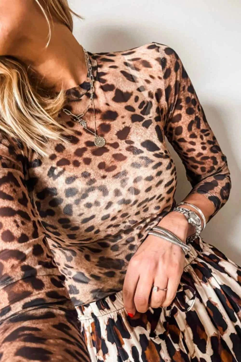 Leopard Round Neck Long Sleeve Blouse