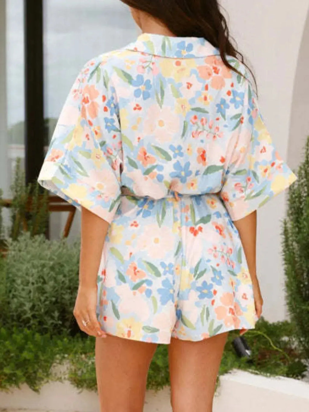 Printed Half Sleeve Tie Waist Romper.