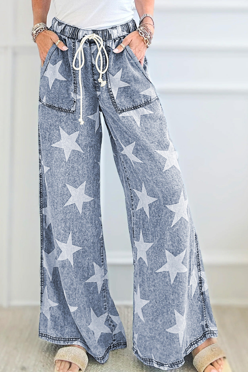 Light Blue Star Print Light Wash Drawstring Elastic Waistband Wide Leg Jeans Dear-Lover Dropshipping