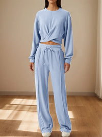 Crisscross Round Neck Top and Drawstring Pants Set.