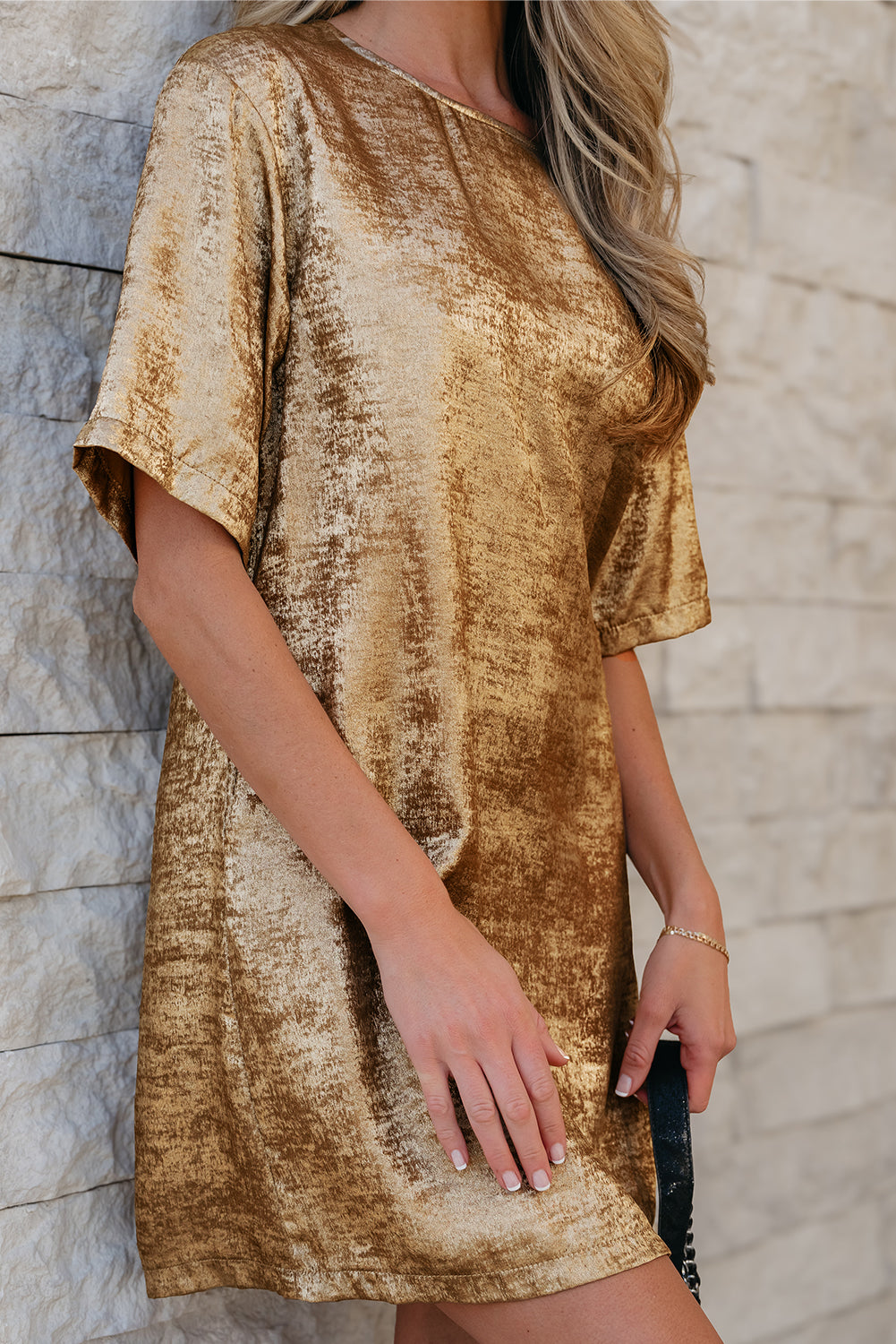 Gold Metallic Luster Crewneck Mini T-Shirt Dress Dear-Lover Dropshipping