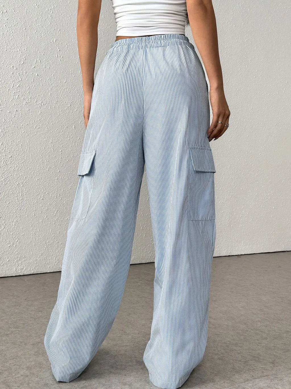 Drawstring Striped Wide Leg Cargo Pants.