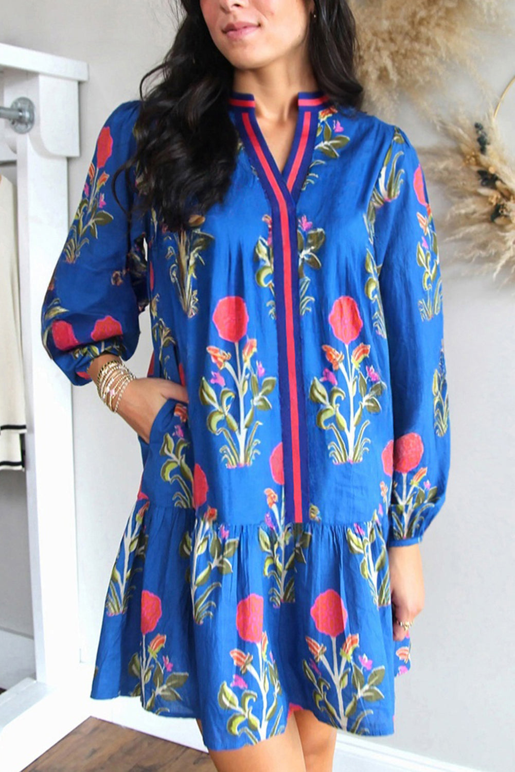 Sky Blue Floral Print Contrast Striped Trim Notched Neck Long Sleeve Dress Dear-Lover Dropshipping