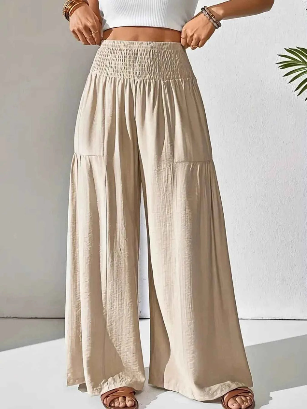 Smocked Waist Wide Leg Pants.