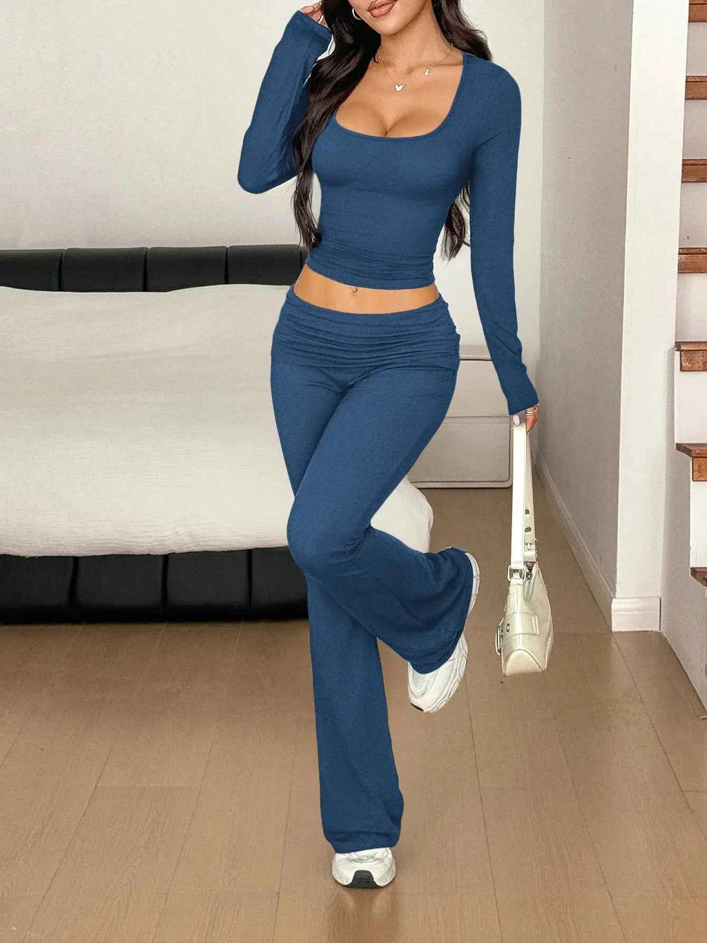 Long Sleeve Crop Top and Bootcut Pants Set