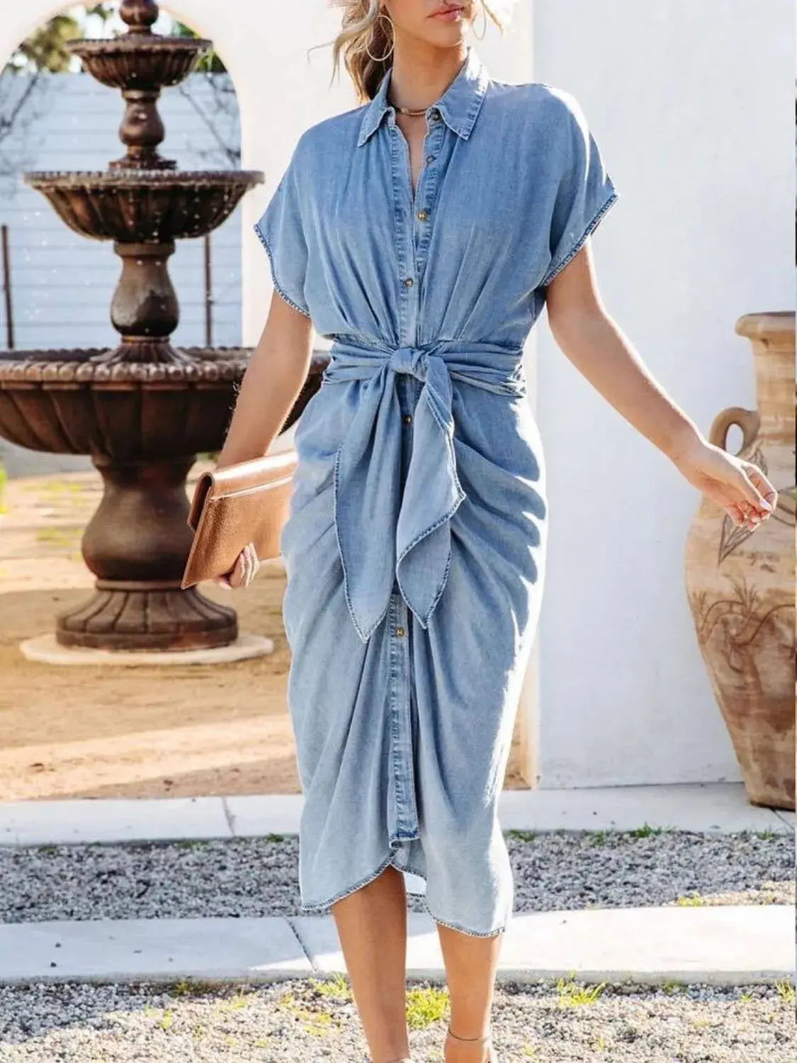 Collared Neck Tie Waist Short Sleeve Denim Dress.