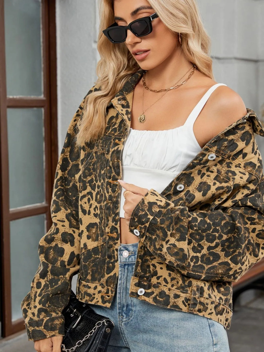 Leopard Print Button Up Denim Jacket.