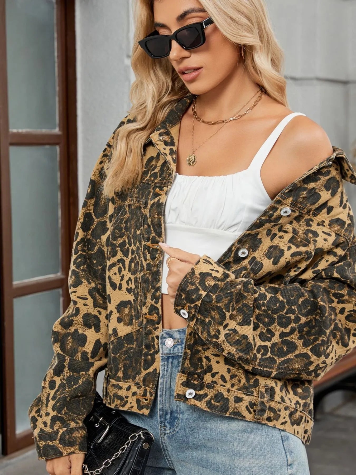 Leopard Print Button Up Denim Jacket.