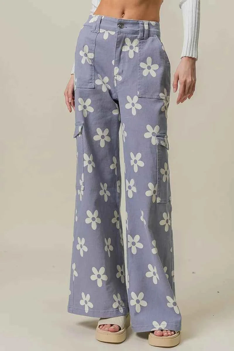BiBi Flower Printed Side Pocket Wide Pants