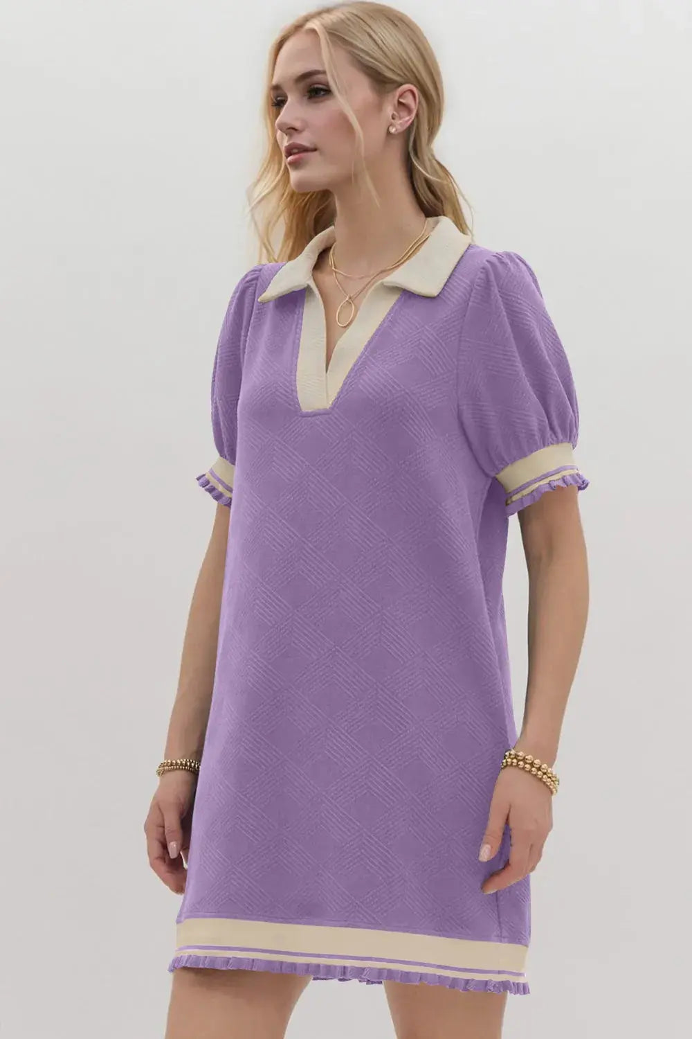 Oh Frill Contrast Trim Johnny Collar Short Sleeve Mini Dress.