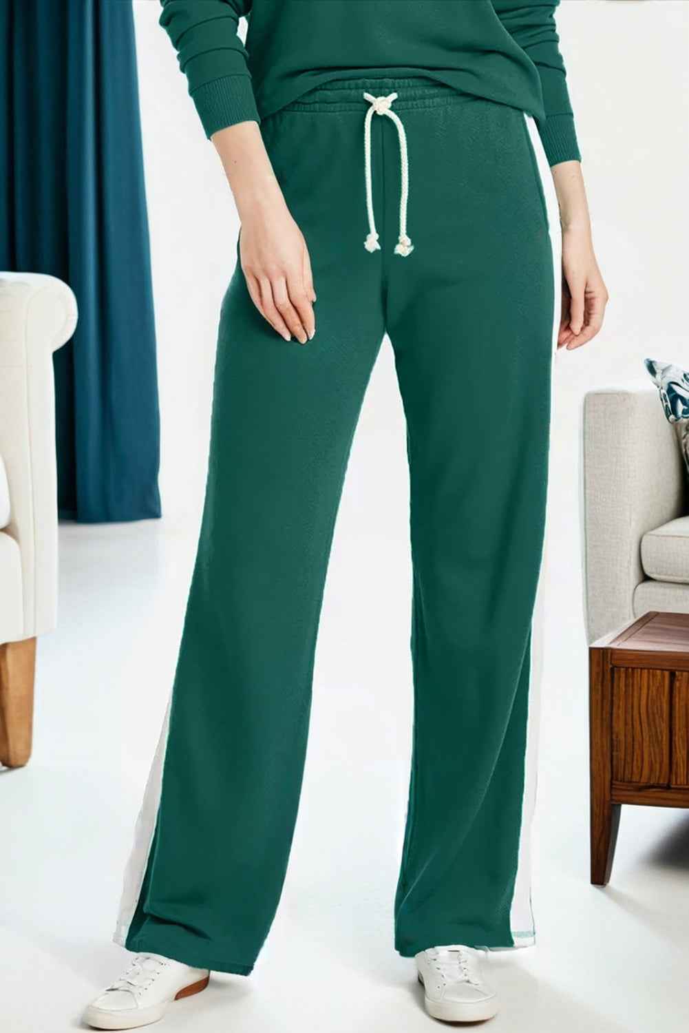 Sea Green Solid Color Pullover Top Varsity Stripe Detail Loose Drawstring Pants Set