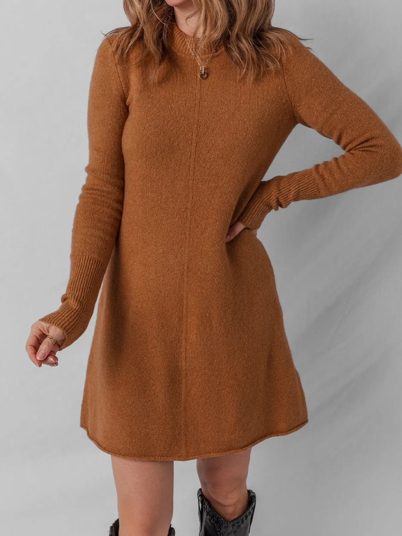 Ribbed Detail Solid Color Mini Sweater Dress.