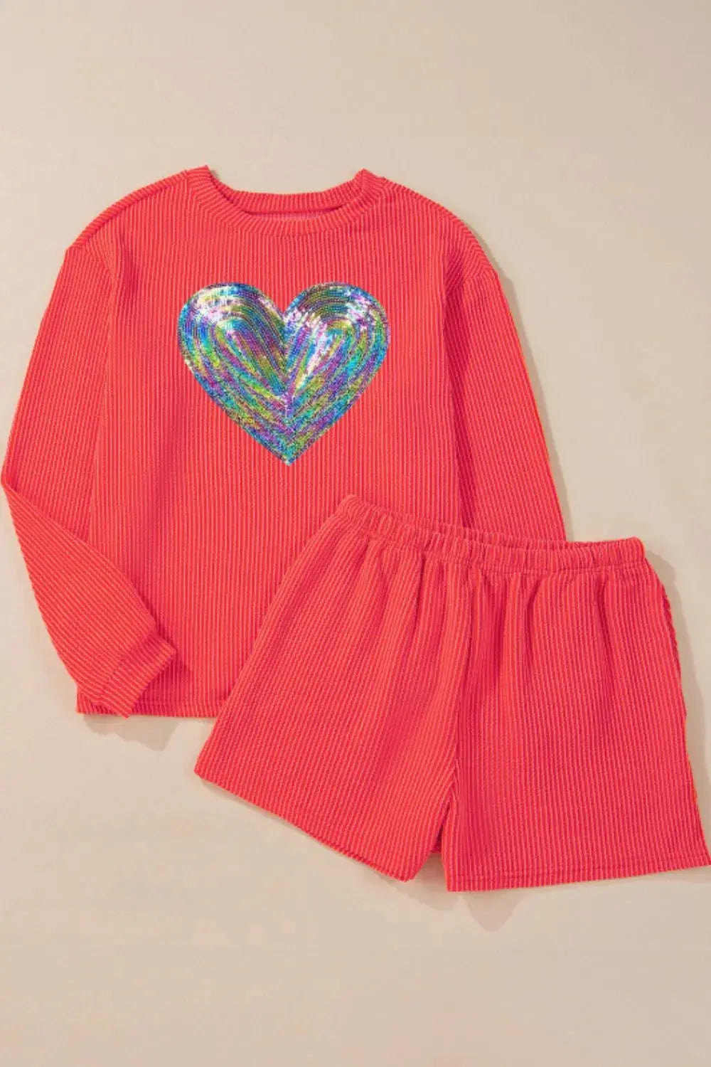 Sequin Heart Round Neck Long Sleeve Top and Shorts  Set.