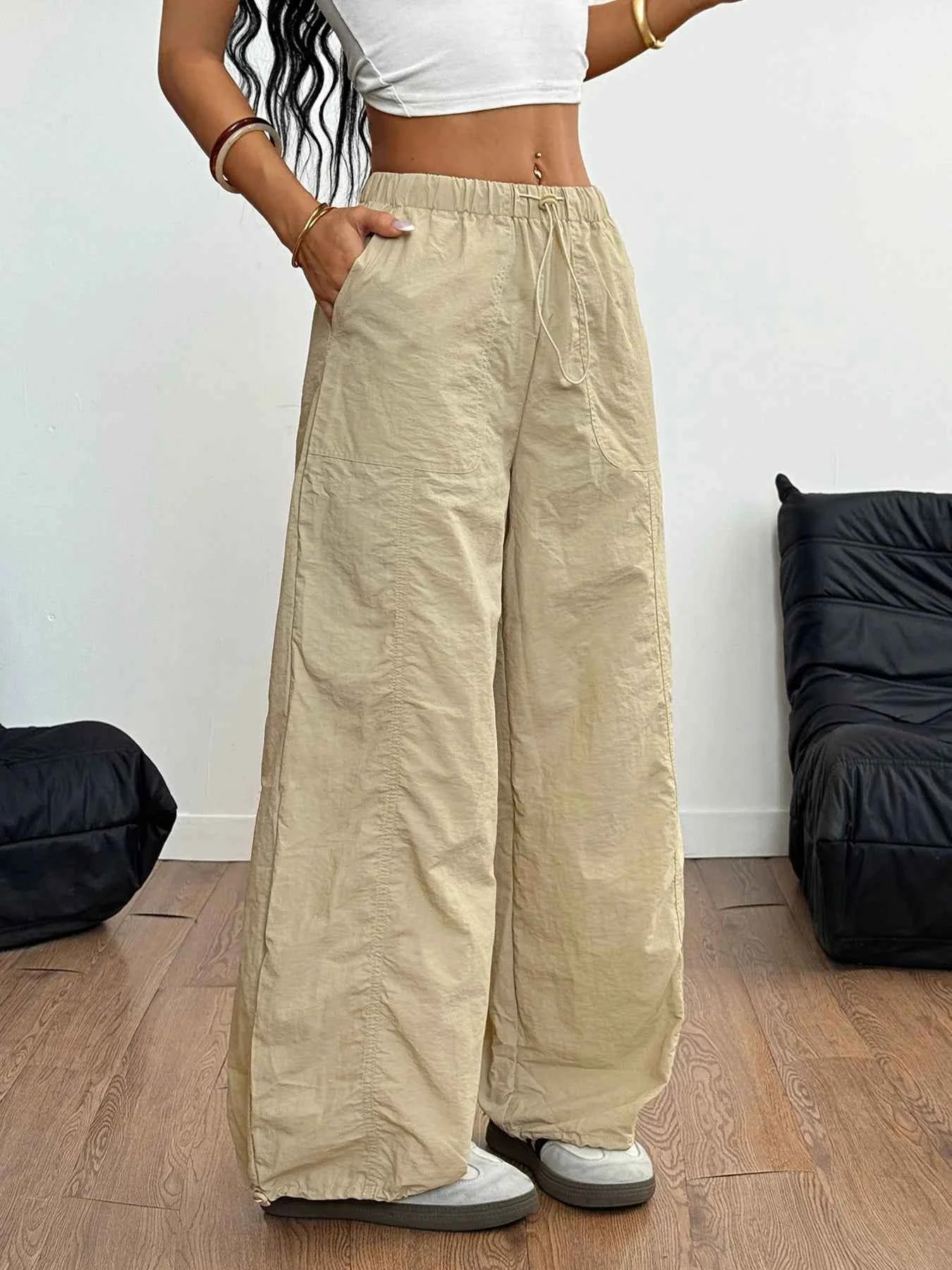 Drawstring Wide Leg Cargo Pants.