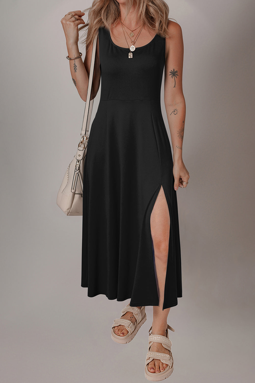 Black Sleeveless Scoop Neck Flared Split Midi Dress Dear-Lover Dropshipping
