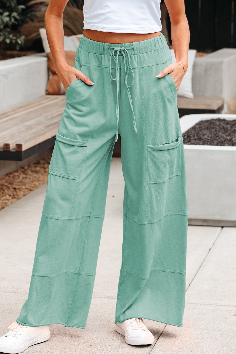 Mint Green Mineral Wash Exposed Seam Drawstring Elastic Waistband Wide Leg Cargo Pants Dear-Lover Dropshipping