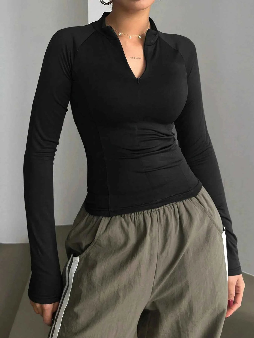 Long Sleeve Zip Front Fitted T-Shirt