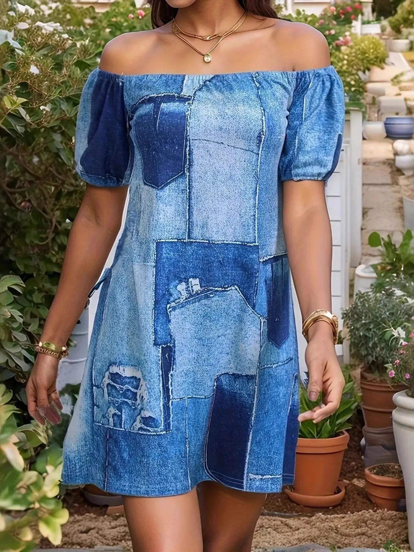 Patchwork Off Shoulder Denim Mini Dress.