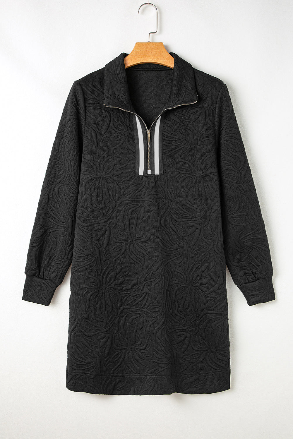 Black Jacquard Textured Quarter Zipper Shift Mini Dress Dear-Lover Dropshipping