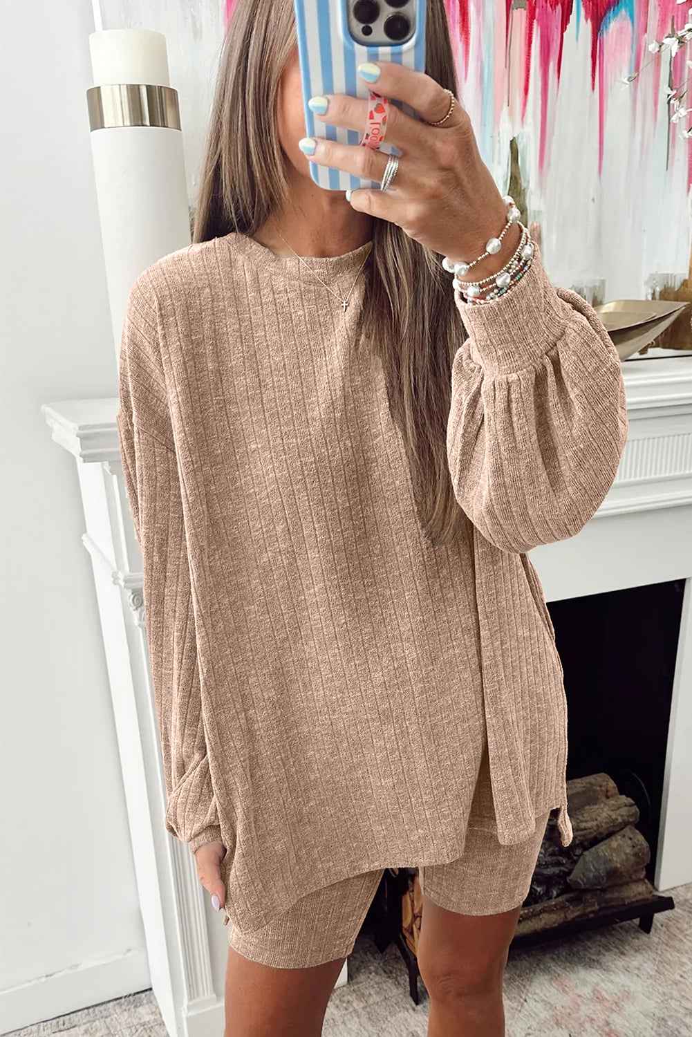 Dark Khaki Ribbed Balloon Sleeve Pullover Top and Biker Knitted Short Set