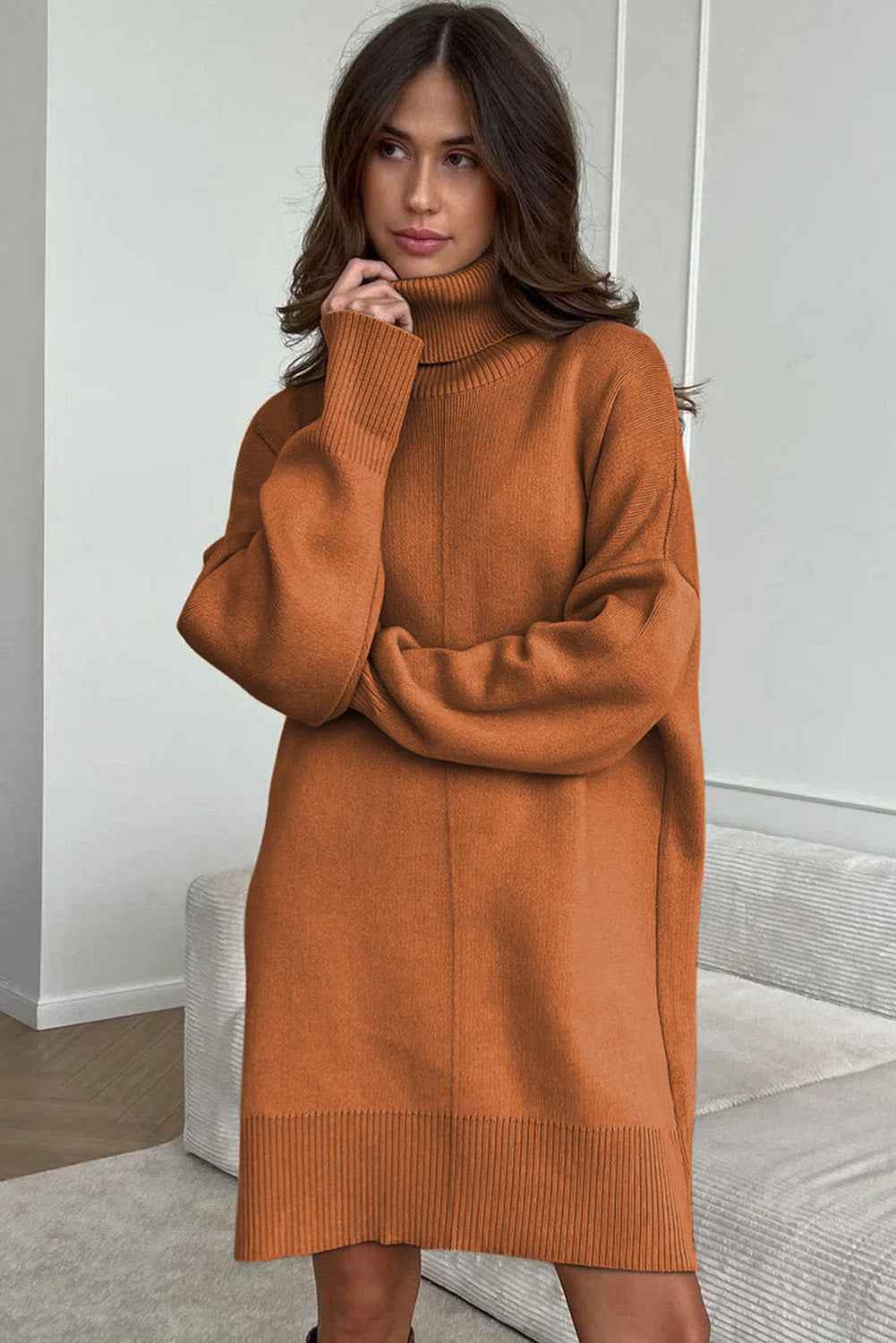 Gold Flame Solid Color Turtleneck Drop Shoulder Loose Sweater Dress